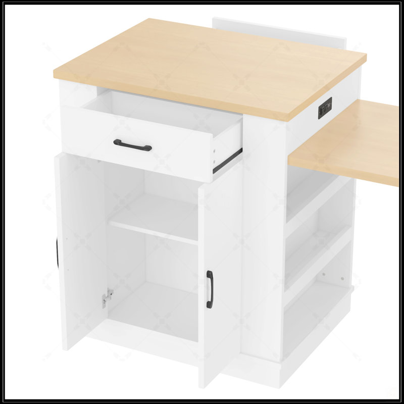 Console d'îlot extensible avec tiroirs, armoire à deux portes et tablettes ouvertes pour une utilisation multifonctionnelle dans la cuisine