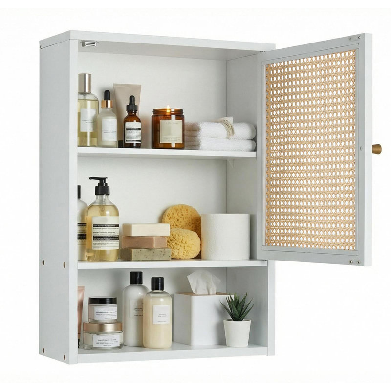 Armoire de rangement en bambou pour salle de bain avec tablette réglable, tiroir ouvert et rangement mural, Blanc