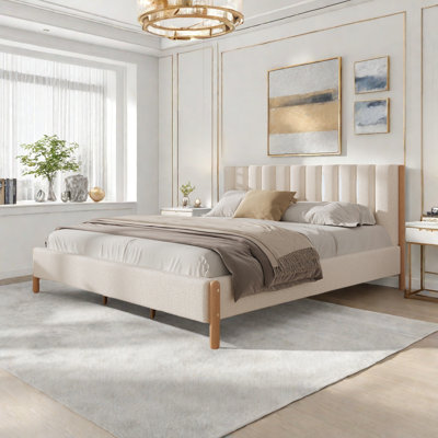 Platform Bed With Upholstered Thick Headboard, Vertical Stripes Design And Wood Legs