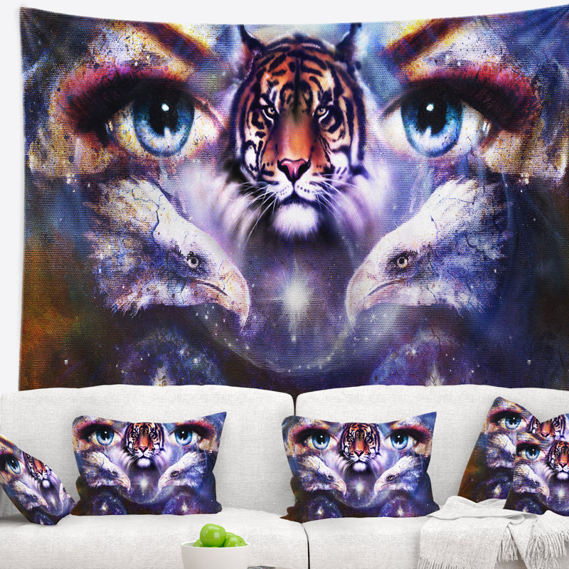 Tiger eagles et woman eyes collage tapisserie Animal, H 32 po x l 39 po