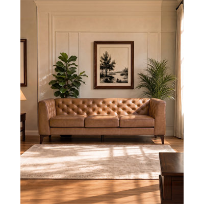 Canapé 3 places en cuir pleine fleur de 211 cm (83 po), style moderne du milieu du siècle, structure en bois massif avec pieds, coussins confortables, facile à nettoyer et à monter, idéal pour le salon, la chambre ou un appartement, vert olive.