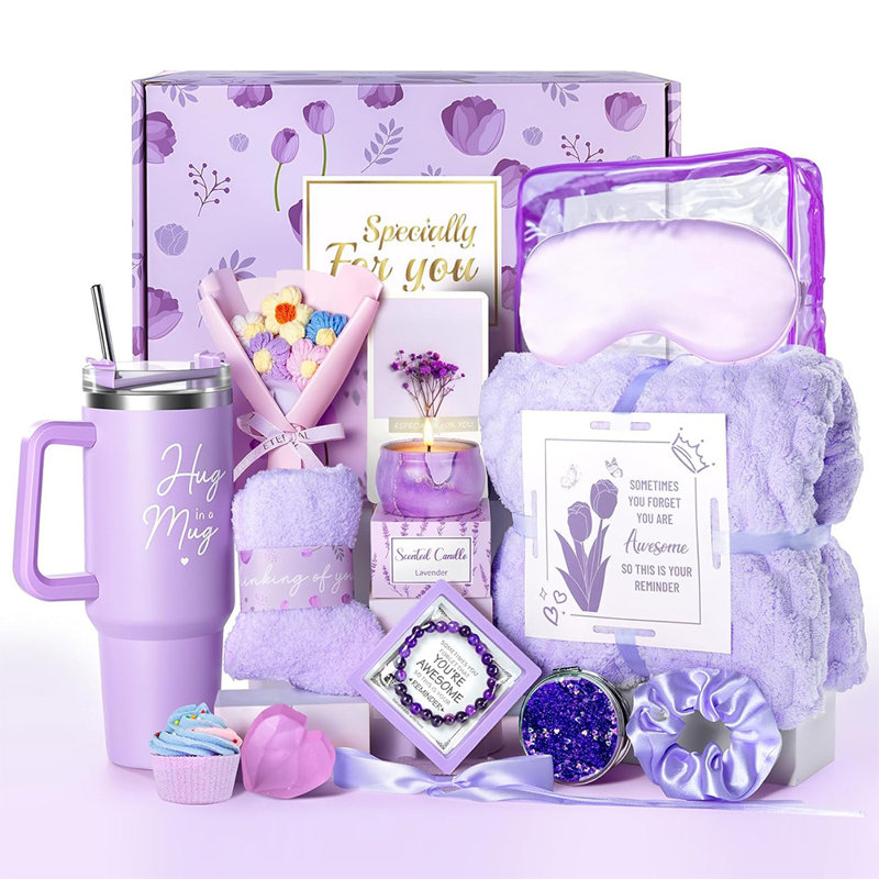 Panier-cadeau violet de 15 pièces pour femme, boîte d'anniversaire avec couverture douce et gobelet isotherme, boîte-cadeau de prompt rétablissement pour maman, épouse, amie, sœur