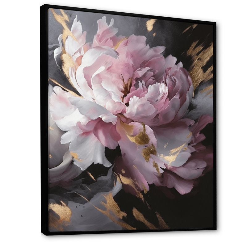Harmonieux rose gris pivoine II - pivoines, art mural, H 20 po x l 12 po, Cadre flottant noir