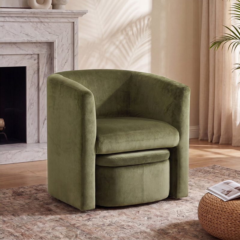 Braedin Upholstered With Footstool Barrel Chair, Green Velvet