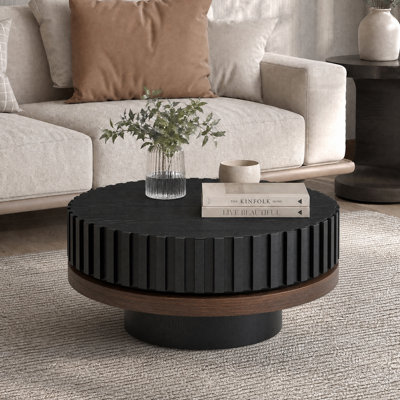 Table basse ronde cannelée cannelée, centre Mid-Century moderne en placage de bois avec décor noyer noir
