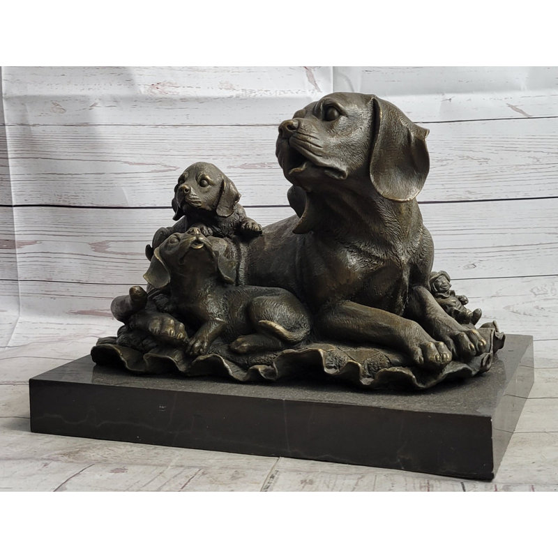 Mère et ses deux chiots, sculpture en bronze, statue pour animal de compagnie, base en marbre