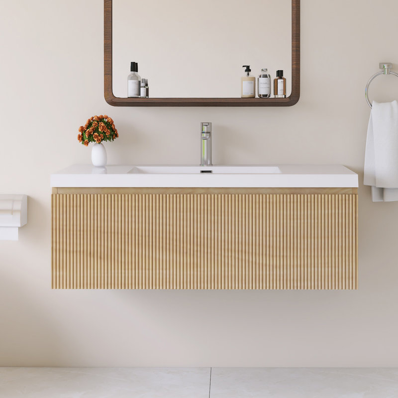 42'' Wall Mounted Single Bathroom Vanity With Glossy White Solid Surface Basin, 42"