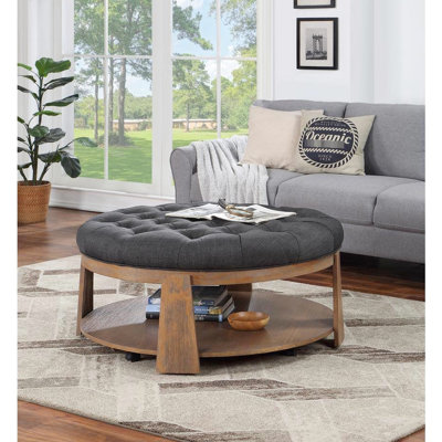 Style transitionnel avec siège rembourré en lin, capitonnage à boutons profonds et tablette inférieure ouverte, placage de bois, bois massif beige / gris foncé, finition foncée