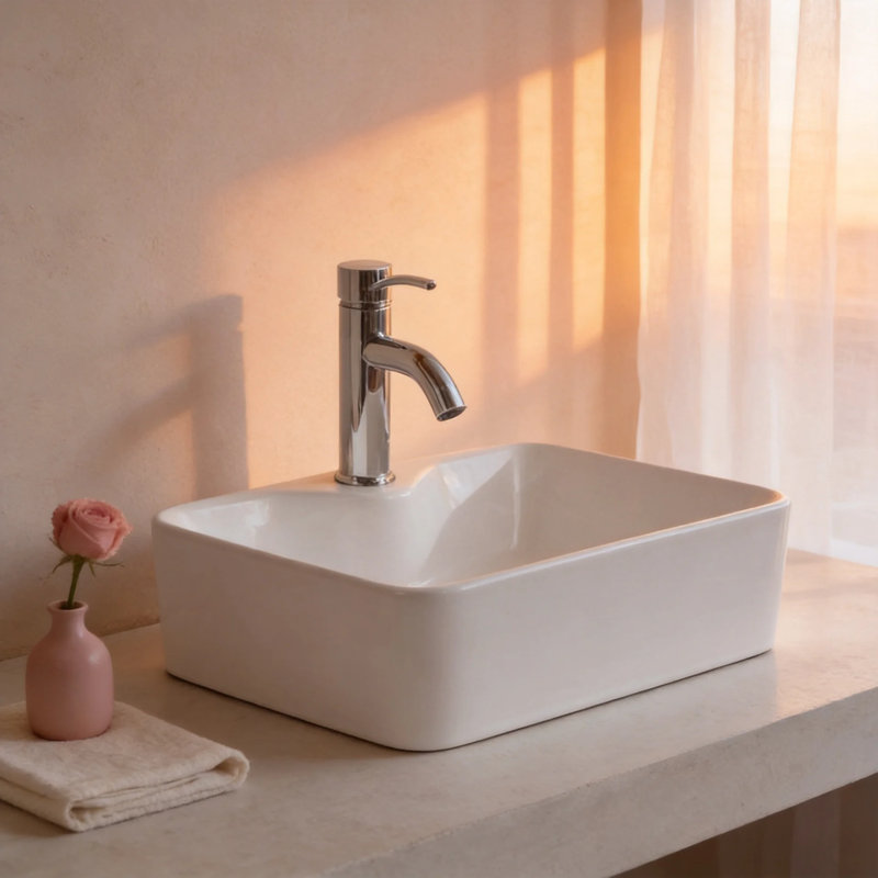 Vasque rectangulaire en porcelaine vitrifiée blanche de 48 x 38 cm (19 x 15 po) avec un trou pour robinetterie, à poser sur un meuble-lavabo et bonde de 4,4 cm (1,75 po).