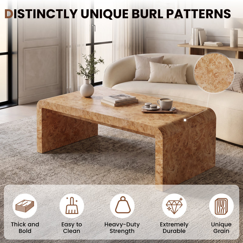 Table basse de 120 cm (47,3 po) avec finition en loupe de bois, bords incurvés et motif clair., Brown