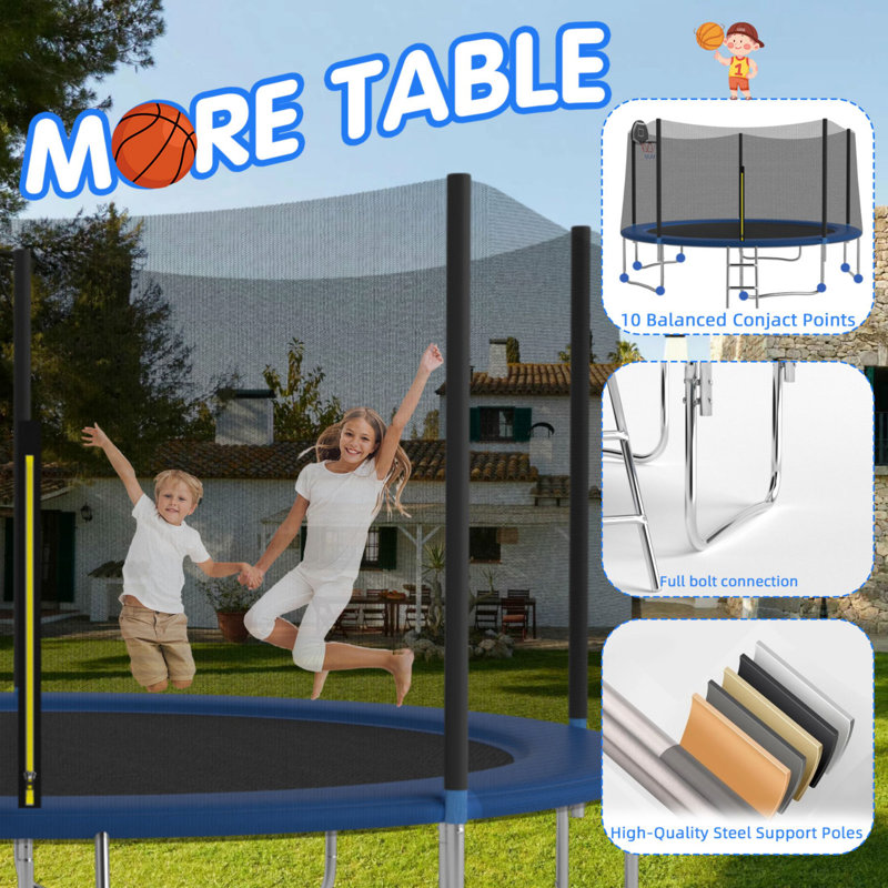 Blue 14FT Round Trampoline with Enclosure and Basketball Hoop