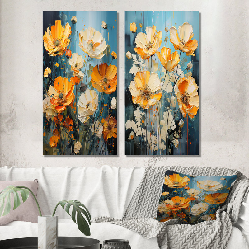 «Buttercups Burst With Fierce Brushwork» - Ensemble de 2 impressions sur toile Buttercups, Toile tendue, H 28 po x l 25 po
