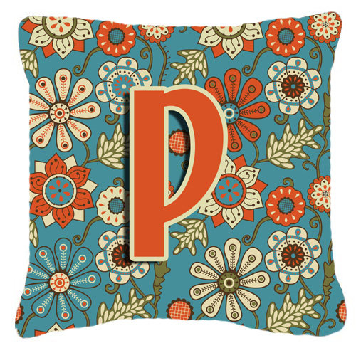 Lettre fleurs Monogram rétro intérieur/extérieur Throw Pillow, P, 14" H x 14" L x 4" D
