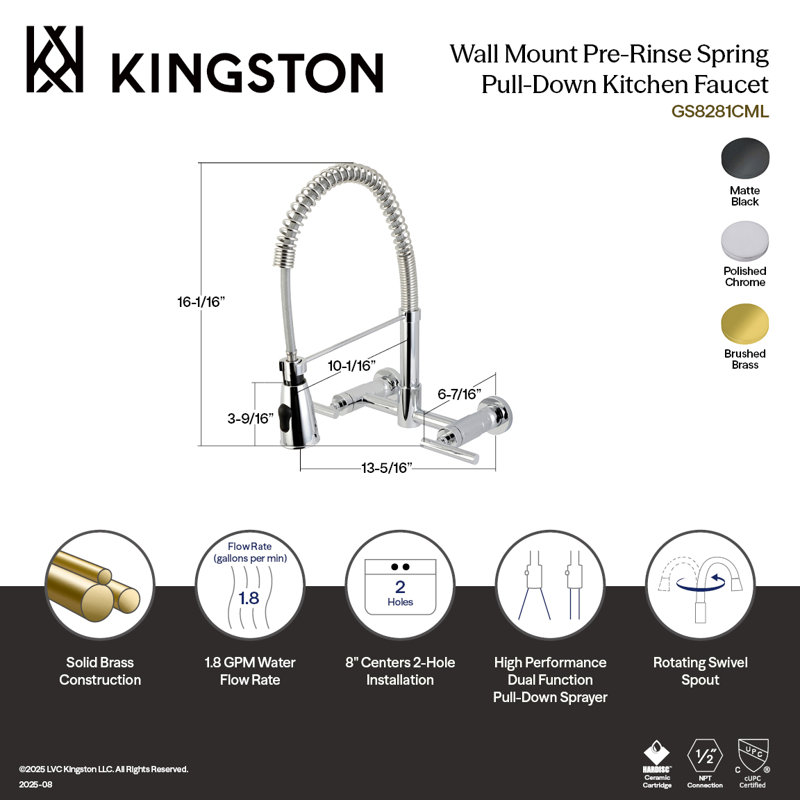 Kingston Brass Manhattan Double-Handle 2-Hole Wall-Mount Pre-Rinse Bridge Kitchen Faucet, Matte Black