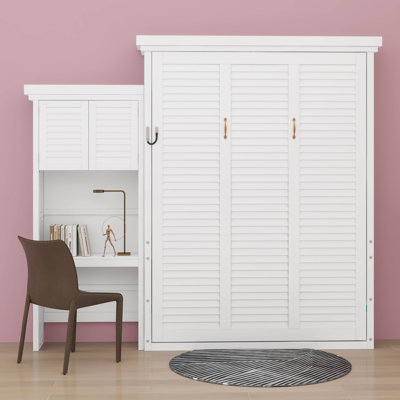 Queen Murphy Bed With Storage Shelves, Hidden Murphy Bed Cabinet With Louvered Style Design, Storage Shelves Installed On Left Or Right Side