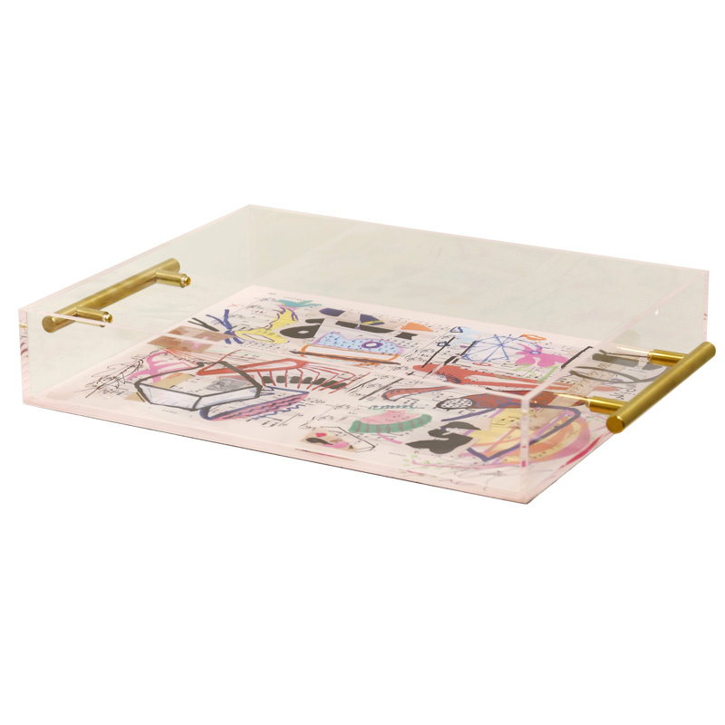 Maness I Acrylic Tray- Large - Abstract Print On Acrylic With Gold Handles