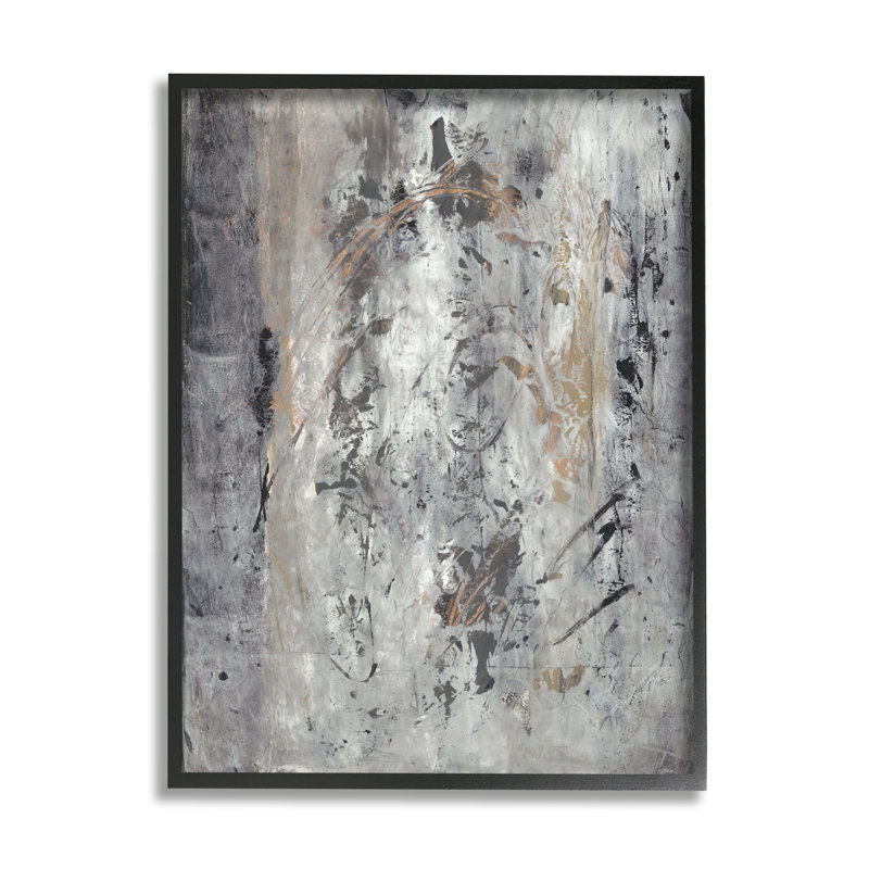 Ancien coup de pinceau abstrait noir brun gris, Giclée encadrée noir minuit, H 14 po x l 11 po