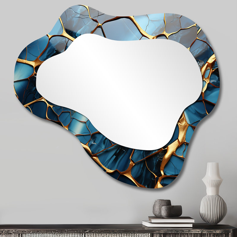 Gold and Blue Marble Mosaic Agate I - Abstract Cloud Unique Wall Mirror, Modern Asymmetrical Mirror, Printed Metal Art