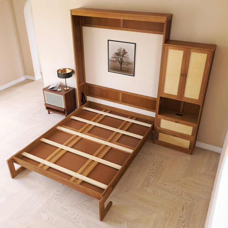 Lit escamotable avec cadre en bois et rotin, Noyer, Grand