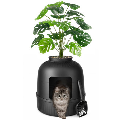 Cat Litter Box, Hidden Enclosure Litter Tray With Odor Control & Carbon Filter In Living Room, Bedroom, Corner With Faux Plant& Stainsteel Scoop, 48 X 120 Cm/19X47, Black