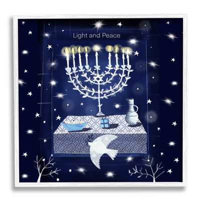«Light & Peace Menorah Stars» encadré sur bois par Susse Linton, impression