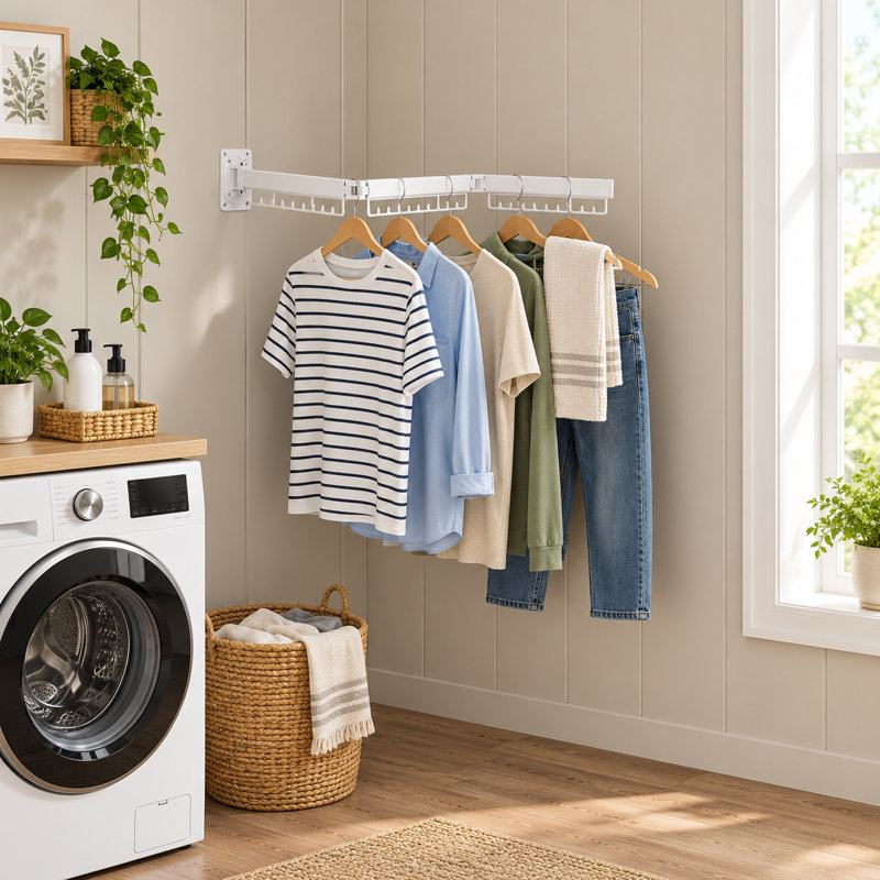 Séchoir à linge mural pliable et rétractable blanc pour la lessive intérieure ou extérieure dans les balcons, les chambres et les salles de bain