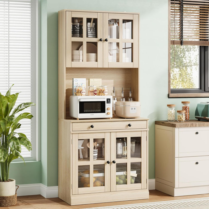 Armoire de cuisine 72 pouces avec portes en verre, tiroir et tablettes réglables, Light Oak
