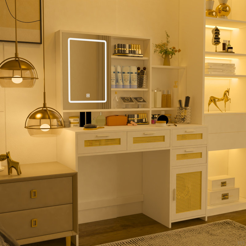 Makeup Vanity With Lights In 3 Colors & Openable Mirror, Vanity Desk With 4 Drawers & 1 Cabinets & Shelves, Vanity Table Rattan Vanity Dresser, For Bedroom