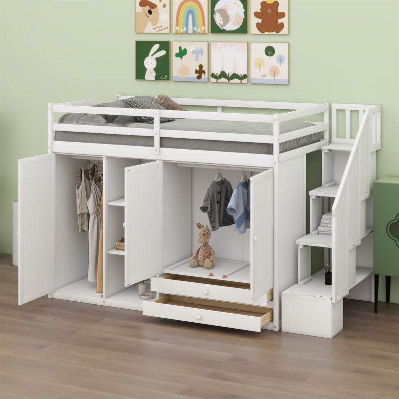Lit mezzanine avec tablettes, armoires et tiroirs, Blanc