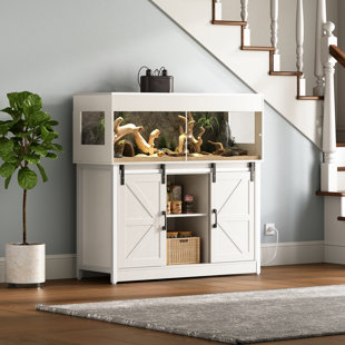 Reptile Terrarium With Stand, Reptile Tank With Barn Door And Storage, Vivarium With Acrylic Doors, Ventilated Mesh Top & Power Outlet, For Geckos, Lizards, Snakes Px06Rtb