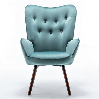 Mid-Century Modern Wingback Accent Chair, Button-Tufted Polyester Fabric Armchair with Solid Wood Splayed Legs for Living Room Bedroom Home Office
