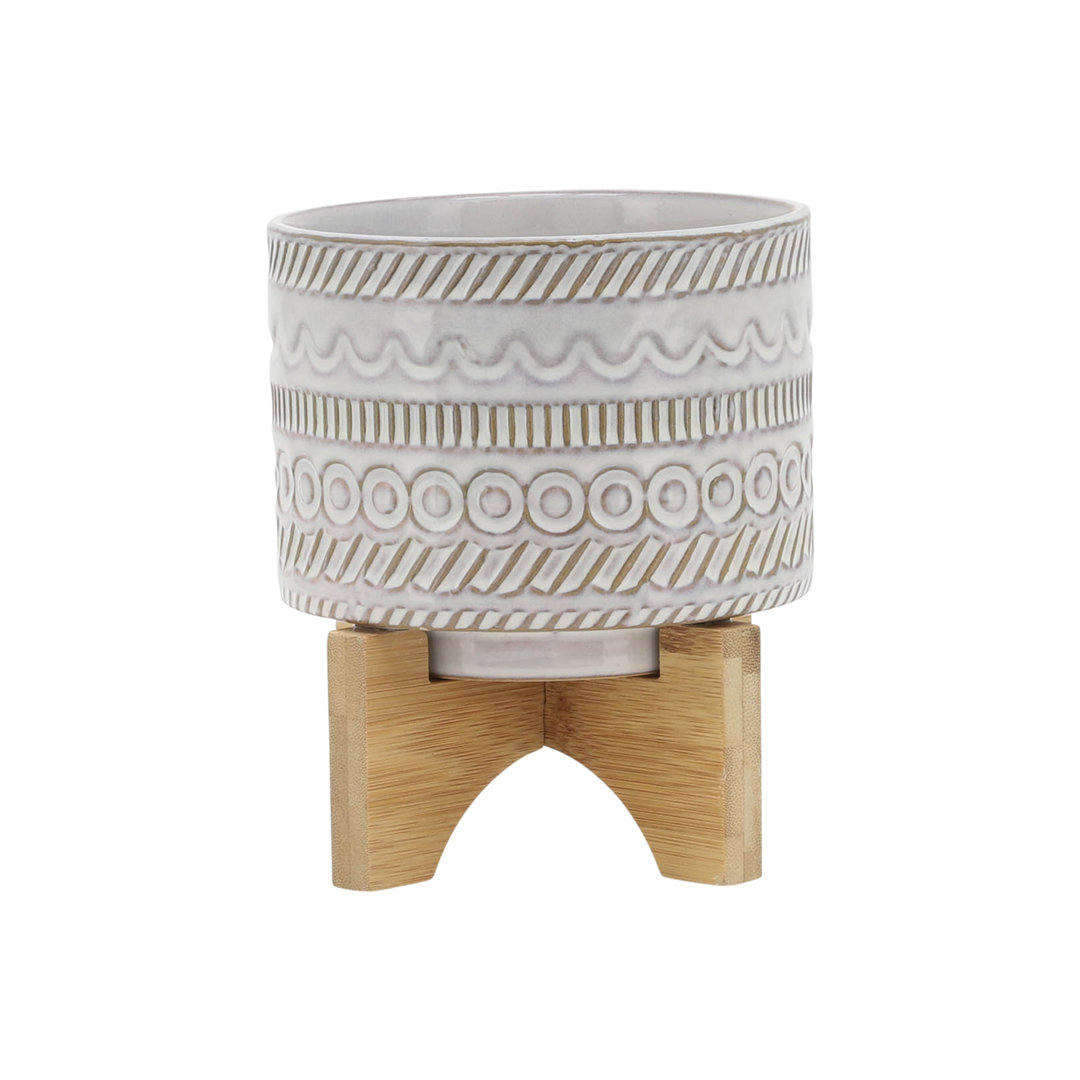 Natacha Stoneware Planter with Bamboo Stand - Ceramic Plant Pot with Raised Decorative Design, Modern Elevated Display Dakota Fields