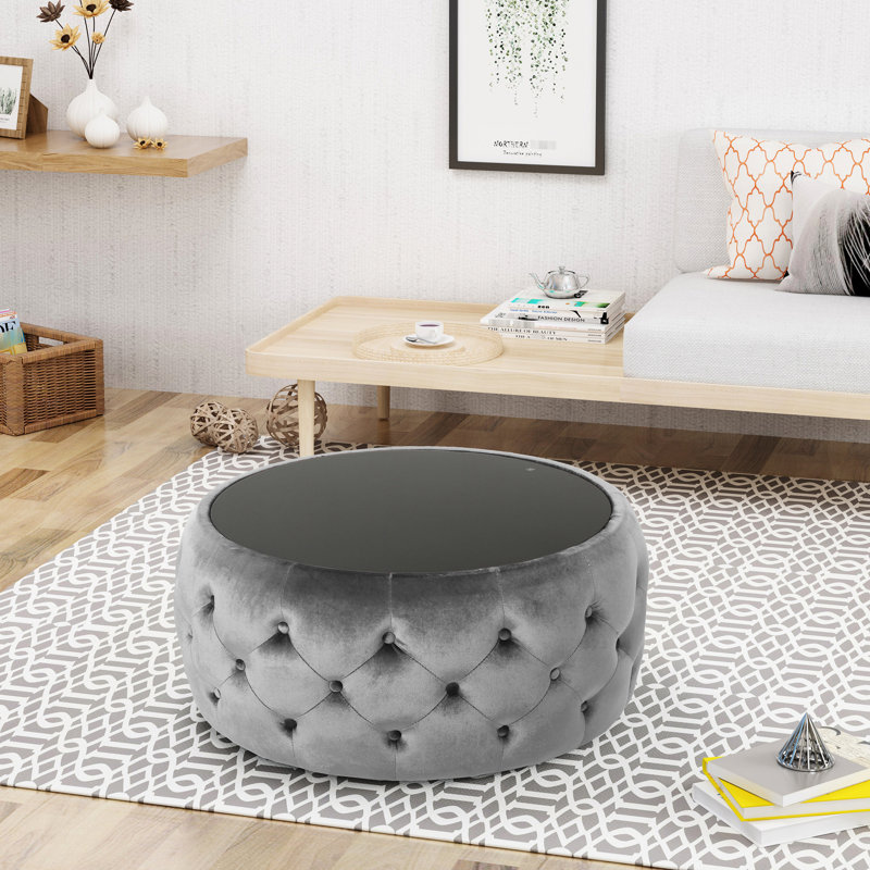 Élégant velours fumé avec boutons et plateau en verre, magnifique verre de l 30 po x P 14,5 po x P 14,78 po