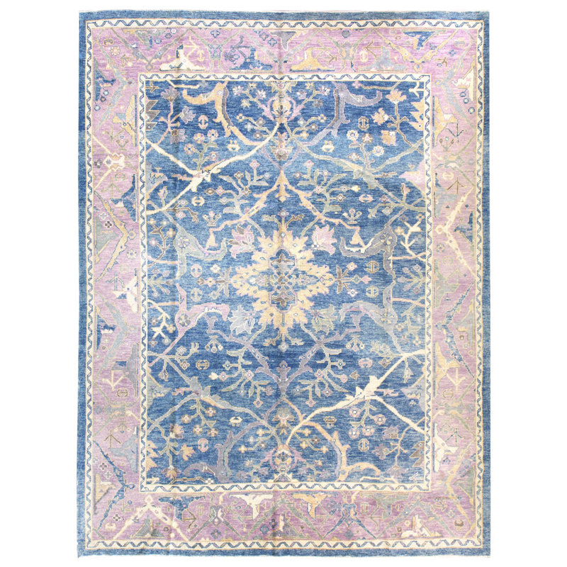 Tapis bleu en laine noué à la main de conception unique 8 pi 10 po x 12 pi New Age Oushak