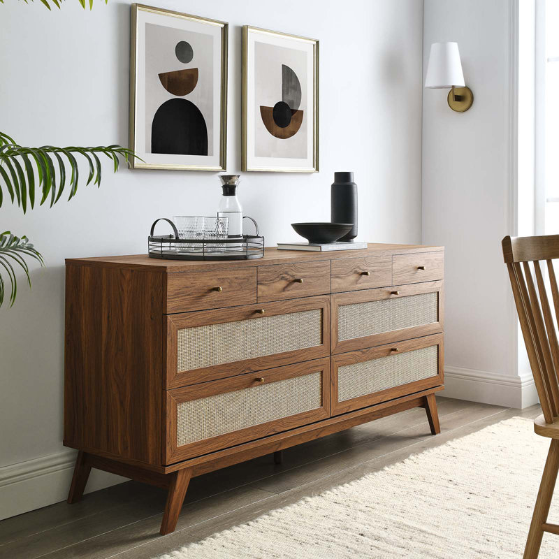 Walnut Double 8-Drawer Dresser with Rattan Weave