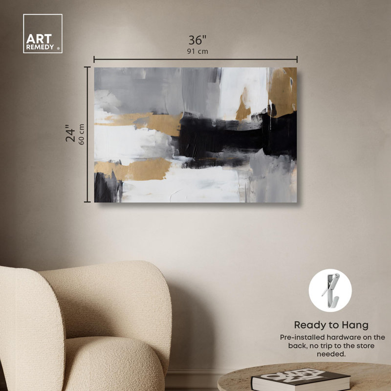 Toile dorée sur gris, art moderne noir et blanc par Art Remedy, Toile tendue, H 24 po x l 36 po
