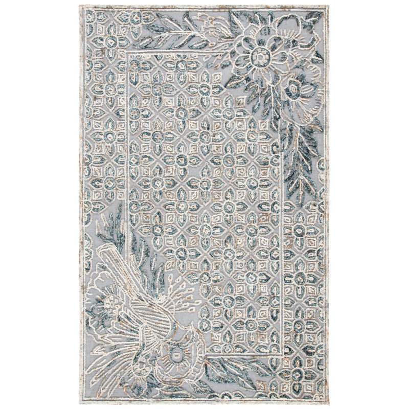 Piketon Floral Hand-Woven wool/Cotton Gray/Beige Area Rug, Rectangle 8' x 10'