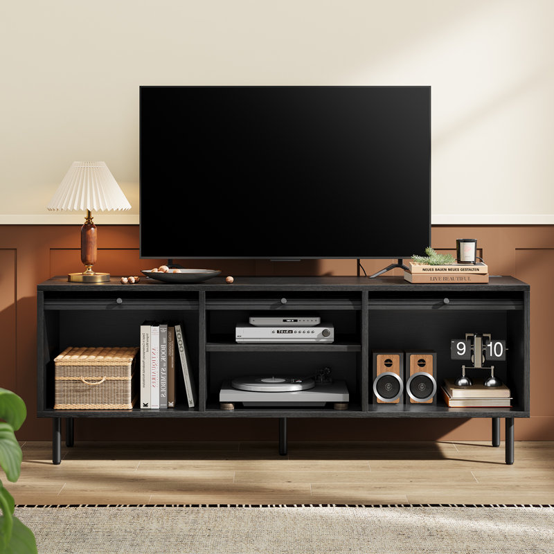 59" Mid Century TV Stand Entertainment Center with Storage Cabinet & Power Outlet, Suitable for Living Room & Bedroom, Black