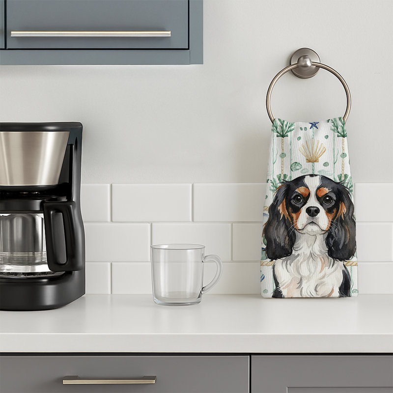 Tricolor Cavalier Spaniel Coastal Sea Glass Kitchen Towel, Tricolor Cavalier Spaniel