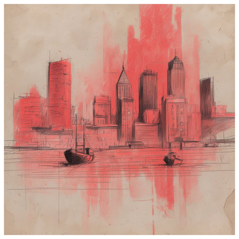 Red City Skyline Wall Tapestry - Cityscape Wall Decor, 104in H x88 with 4 Grommets