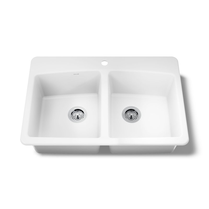 33" L x 22" W x 9-5/8" Top-Mount Double-Equal Kitchen Sink, White, 1 Hole