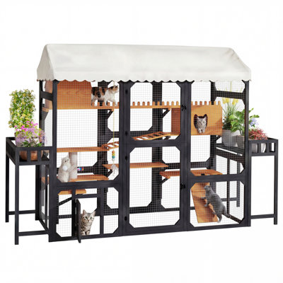 Grande cage d'extérieur en bois pour chat avec 2 supports à plantes