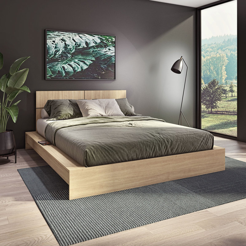  Lit plateforme avec tête de lit Zen OMEGA - Assemblage facile, aucun sommier requis, Beige, Grand lit