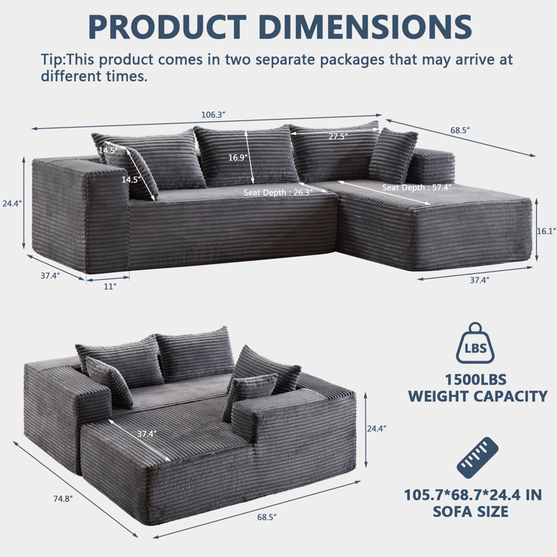 107" Modular Sectional Couch With L-Shape Chaise,Boneless Sofa For Living Room,Modern Cloud Couch With Deep Seat,No Assembly Required,Loveset,Grey(Right Facing Chaise)