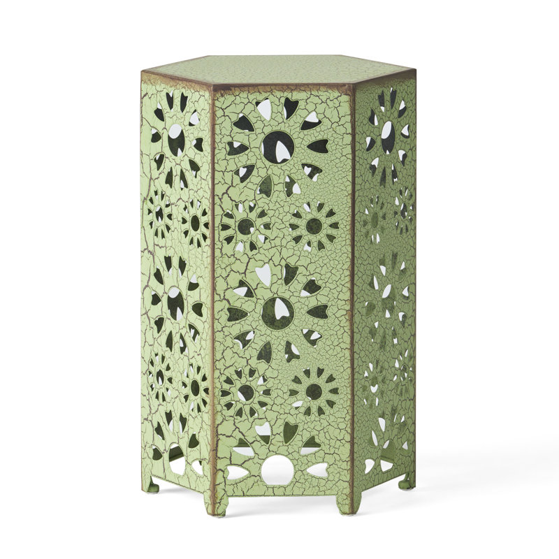 Iron Patio Side Table, Crackle - 14.45"d X 14.45"w 21.76"h, Cut Out Design, Lightweight Table With Style, Green