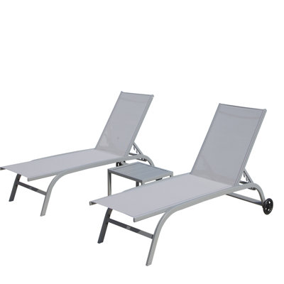 Grey Chaise Lounge Outdoor . 5 Position Adjustable. Aluminium. Breathable . Wheels. Easy Storage. Garden, Patio, Pool 3 Chairs. Adjustable . And . Fabric. Wheels For Mobility. Perfect Pool, Beach
