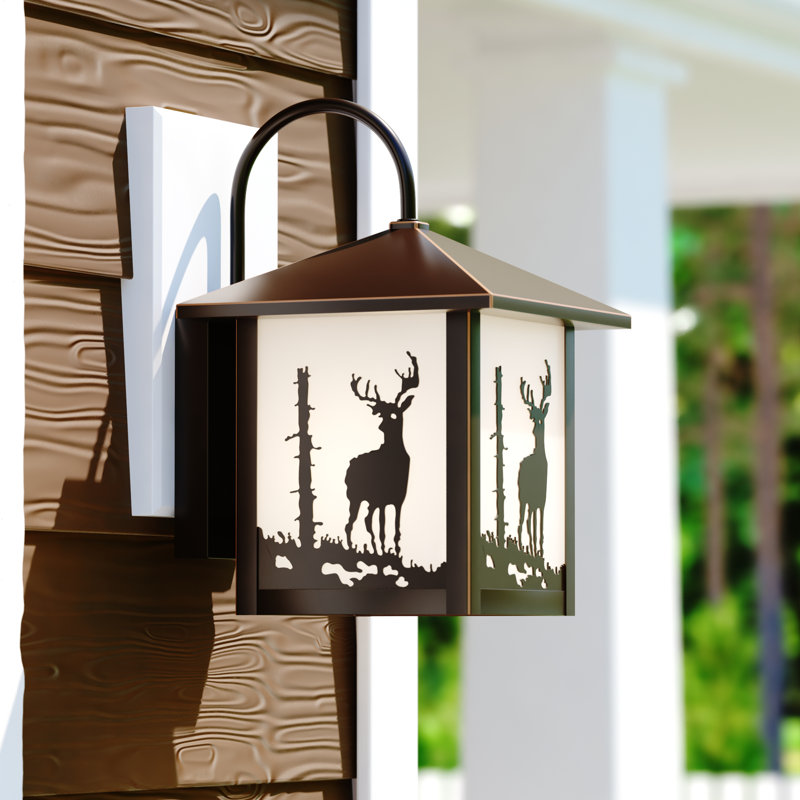 Josefina 12.5 in. H 1-Light Burnished Bronze Rustic Deer Outdoor Wall Sconce made of Durable Steel, White Tiffany Glass Shade, LED Compatible, Use for Exterior Porch Patio Front Door or Garage