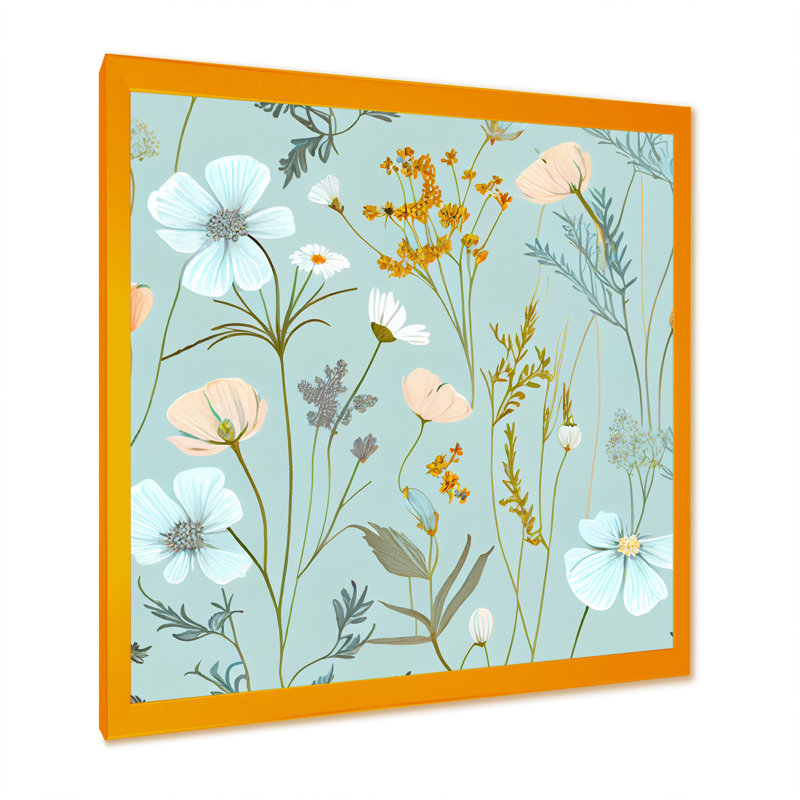 «Blossoming Pastel Wildflowers on Light Blue II», reproduction sur toile, Impression dorée sur toile encadrée