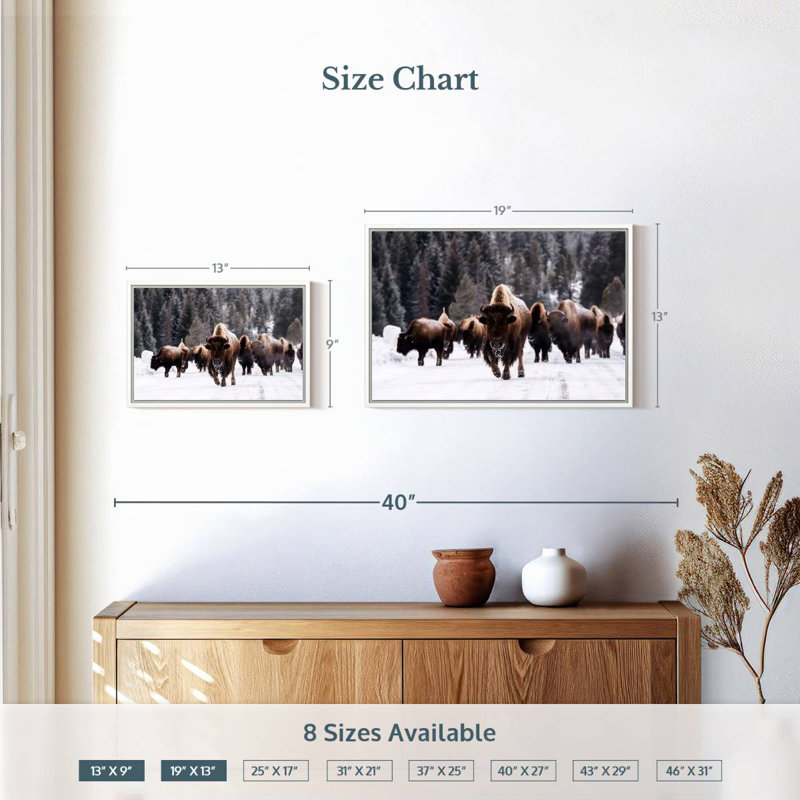 Winter Bisons, 19" X 13", Floating Frame White