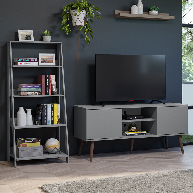 Meuble télé avec 2 portes et 2 tablettes latérales Latitude, Gris